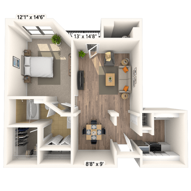 Traditional 1x1 770 SF 713 floor plan